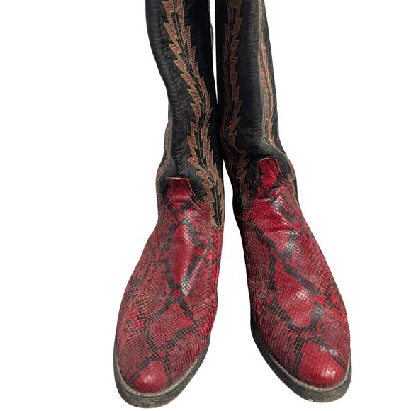 Larry Mahan Western Boots Womens 8.5B Python Snakeskin Red Color Block Rodeo - Picture 8 of 12